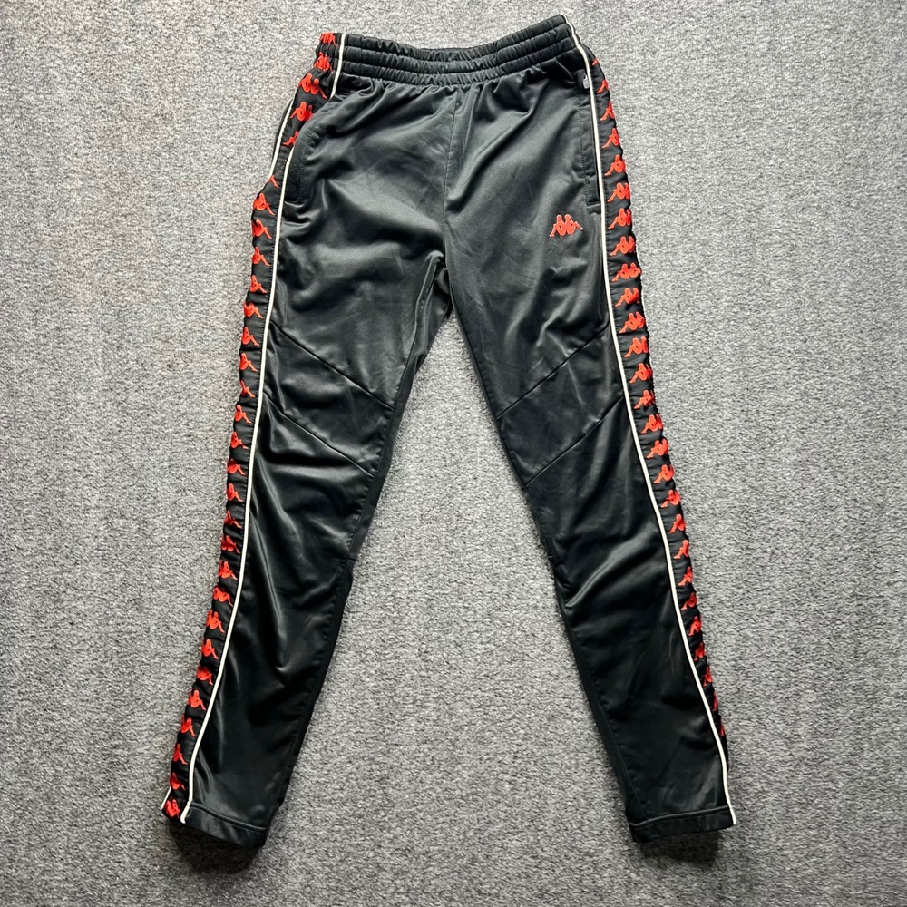 Kappa Track Pants Womens XS Black Red Banda Logo Taped Side Stripe Joggers